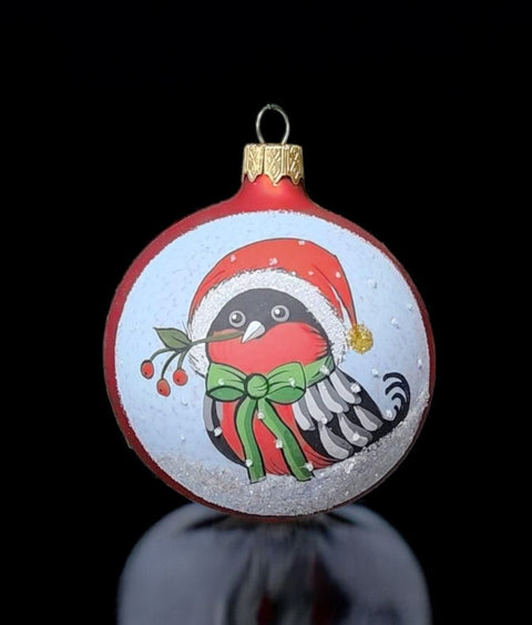 Red Finch in a Christmas Hat Blown Glass Ornament, Modern Design and Crafted in Ukraine, Individually Box, Keep Sake Ornament