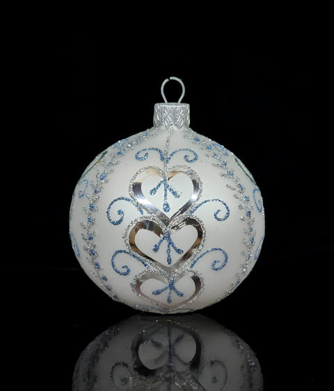 Silver & Blue Blown Glass Ornament - Handcrafted - Hearts Galore Design