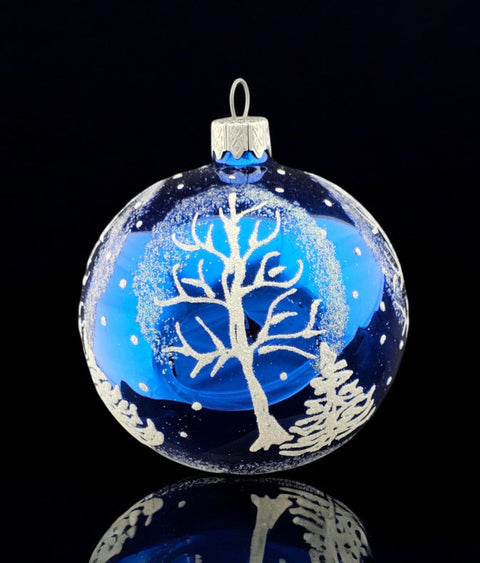 Blue Blown Glass Ornament - Winter Trees - Blue Glass Ornament - Hand Made In Ukraine - Hand Painted - Keepsake Ornament - Shiny Blue Ornament