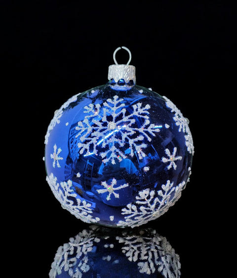 Blue Blown Glass Ornament - Handcrafted - Large Snowflake Design