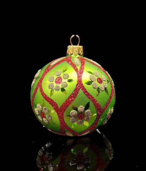 Red & Green Blown Glass Ornament - Handcrafted - Green & Yellow Daisy Design