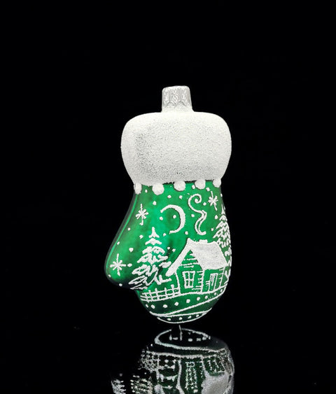 Hand Decorated Glass Keepsake Ornament - Charming Large Green Mitten Design