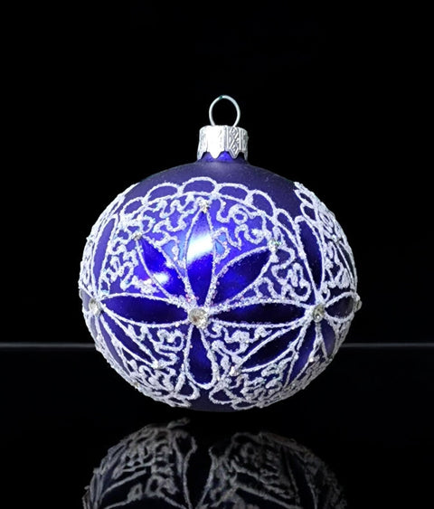 Blue Blown Glass Ornament - Handcrafted - Fancy Flower Design