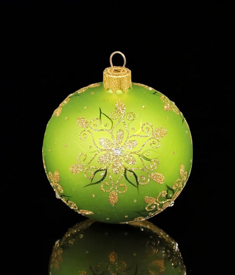 Green Blown Glass Ornament - Handcrafted - Fancy Snowflake Design