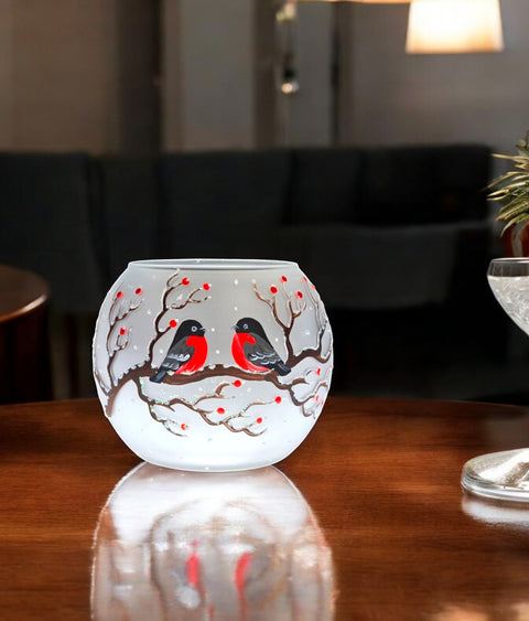 Frosted - Medium Candle Holder -Finch on wood