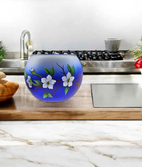 Blue Glass Candle Holder, Hand Crafted in Ukraine, Dogwood Flower Design, Wonderful Year Round