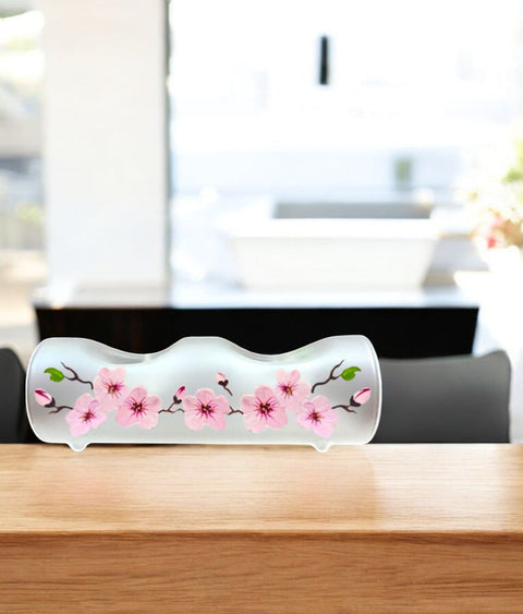 Frosted Glass Double Candle Holder, Hand Crafted in Ukraine, Cherry Blossom Design, Wonderful Year Round