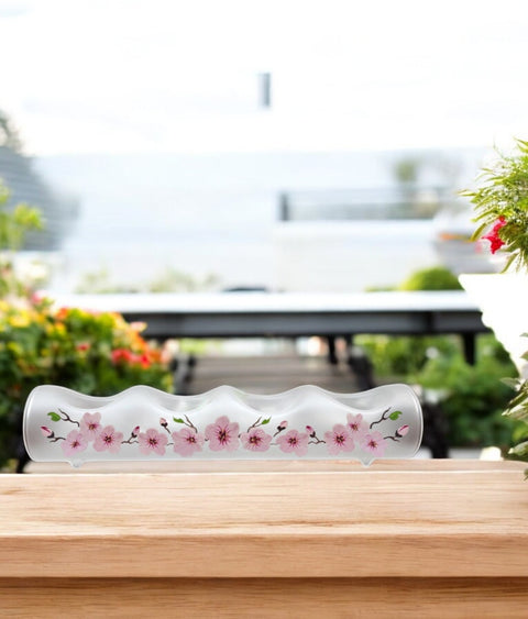 Frosted Glass Quad Candle Holder, Hand Crafted in Ukraine, Cherry Blossom Design, Wonderful Year Round