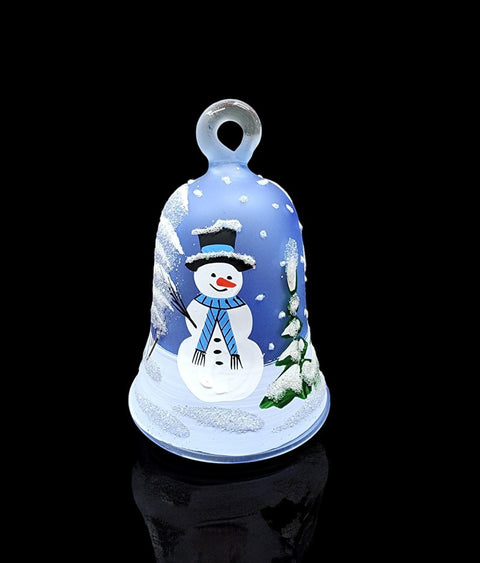 Light Blue Blown Glass Bell Ornament –  Snowman Design with Clapper