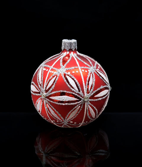 Red Blown Glass Ornament - Handcrafted - Daisy-like Design