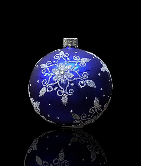 Blue Blown Glass Ornament - Handcrafted - Fancy Snowflake Design