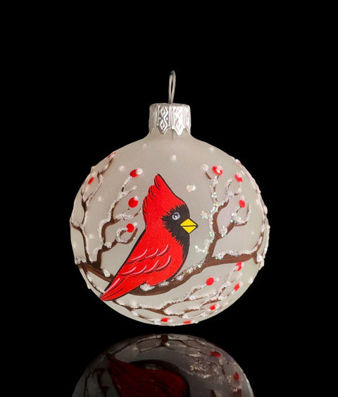 Frosted Blown Blown Glass Ornament - Handcrafted - Red Cardinal Design