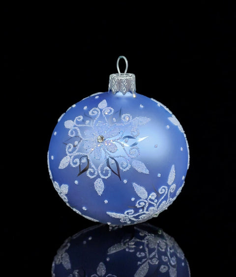 Light Blue Blown Glass Ornament - Handcrafted - Fancy Snowflake Design