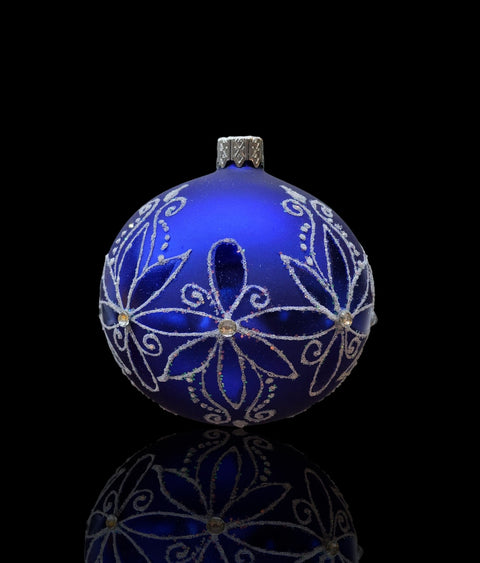 Blue Blown Glass Ornament - Handcrafted - Fancy Flower Design