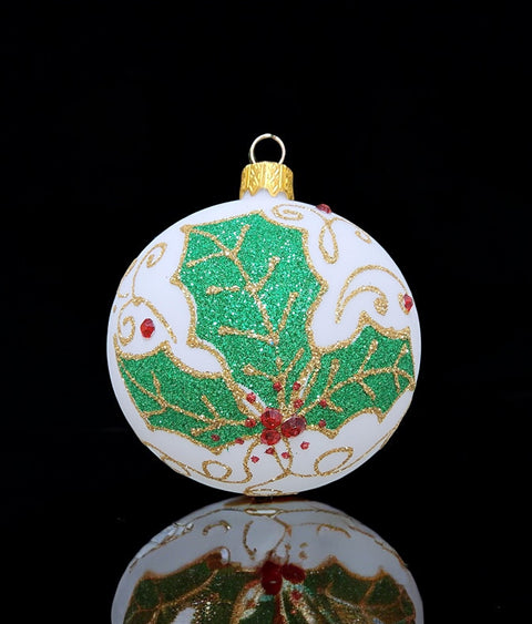 White Blown Glass Ornament - Handcrafted - Large Holly Design