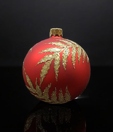 Red Blown Glass Ornament - Handcrafted - Golden Leaf Design