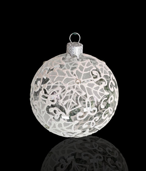 Frosted Blown Glass Ornament - Handcrafted - Holly Leaves Design