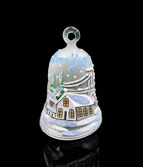 Frosted Blown Glass Bell Ornament - Handcrafted - Brooklyn Bridge Design With Clapper