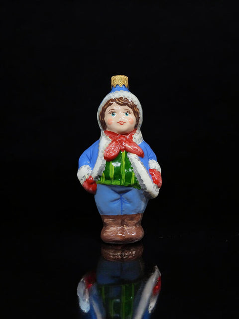 Hand Decorated Glass Keepsake Ornament - Charming Boy with Blue Coat Design