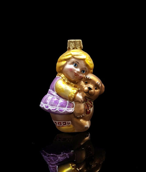 Hand Decorated Glass Keepsake Ornament - Charming Girl w/ Teddy Bear Design