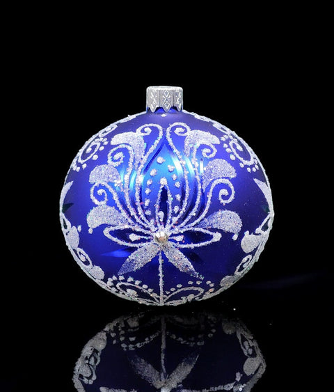 Blue Blown Glass Ornament - Handcrafted - Fancy Flower In Bloom Design