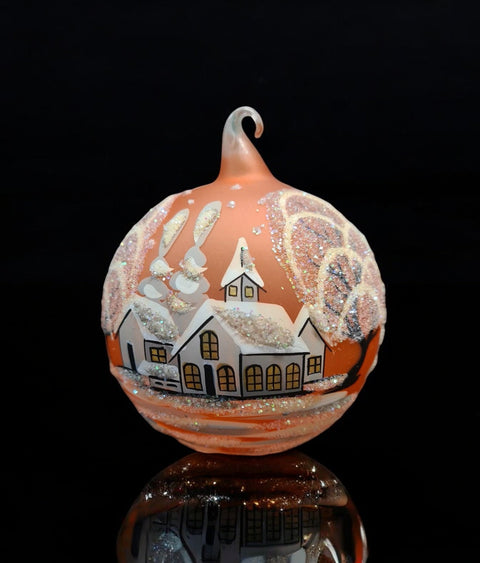 Orange Blown Glass Ornament - Handcrafted - White Church Design