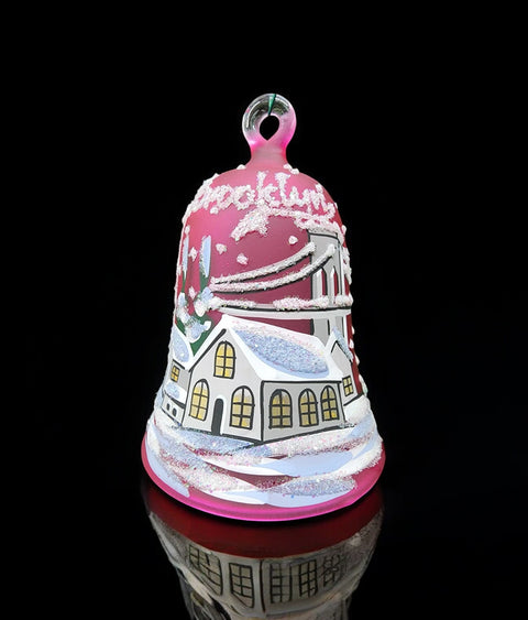 Pink Blown Glass Bell Ornament –  Brooklyn Bridge Design with Clapper