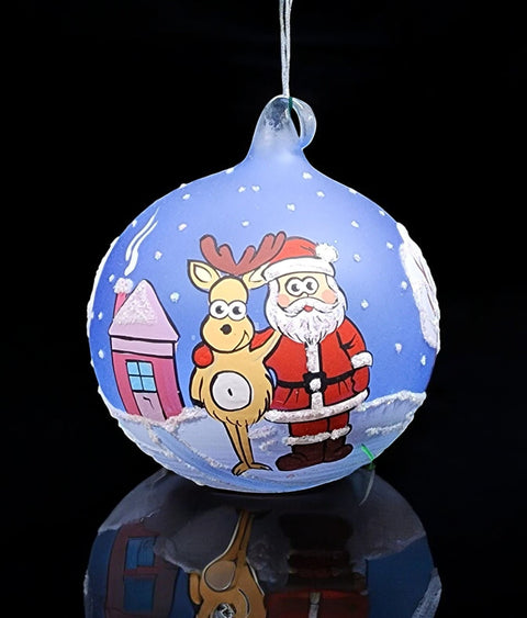 Light Blue Blown Glass Ornament - Handcrafted -  Santa N Reindeer Design