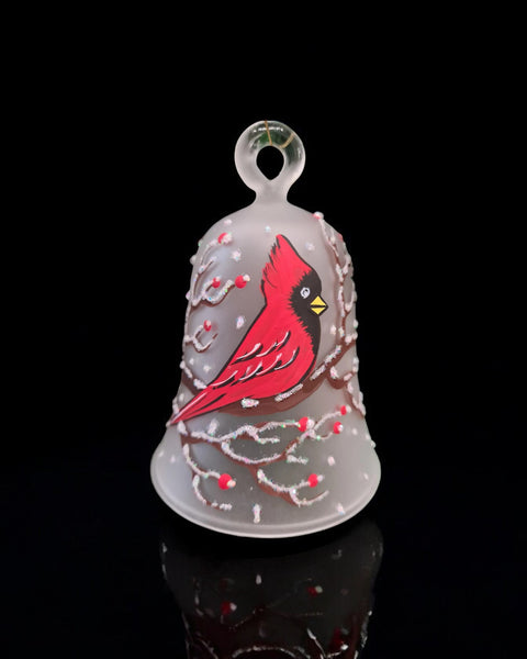 Frosted Blown Glass Bell Ornament – Red Cardinal Design with Clapper