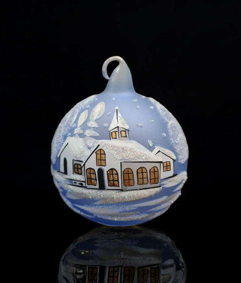 Light Blue Blown Glass Ornament - Handcrafted - White Church Design