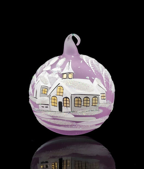 Lavender Blown Glass Ornament - Handcrafted - White Church Design