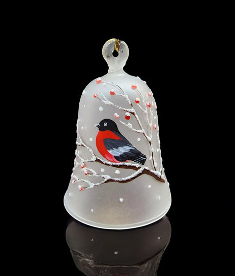 Frosted Blown Glass Bell Ornament – Finch Design with Clapper