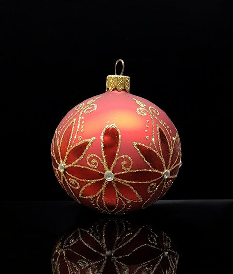 Red Blown Glass Ornament - Handcrafted - Fancy Flower Design