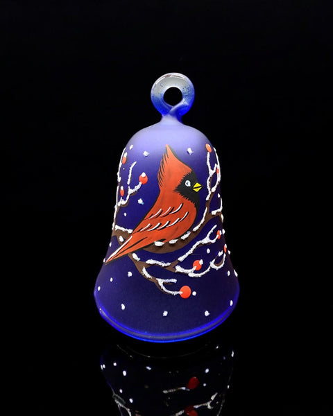 Blue Blown Glass Bell Ornament – Red Cardinal Design with Clapper