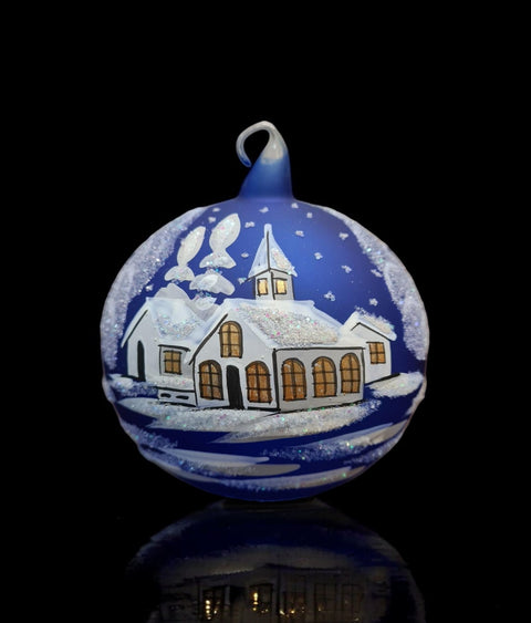 Blue Blown Glass Ornament - Handcrafted - White Church Design