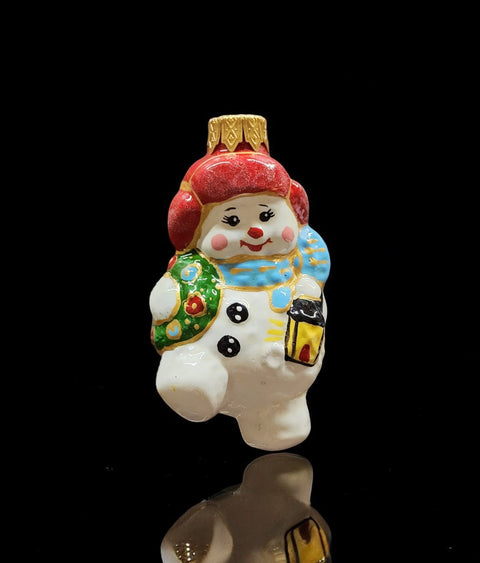 Hand Decorated Glass Keepsake Ornament - Snowman W Lantern Design