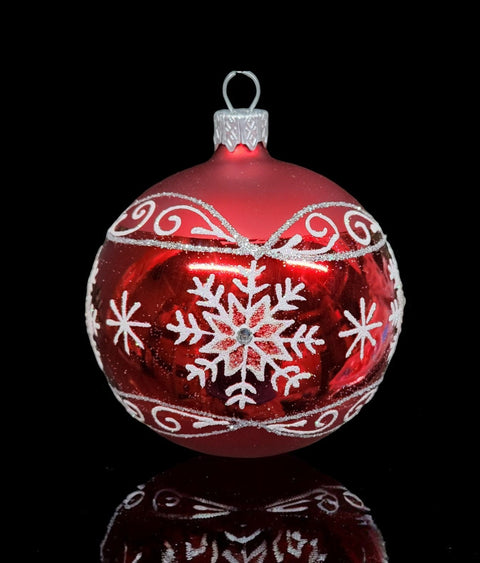 Red/White Blown Glass Ornament - Handcrafted - Large Snowflake Design