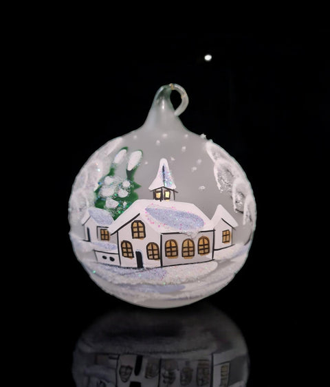 Frosted Blown Glass Ornament - Handcrafted - White Church Design