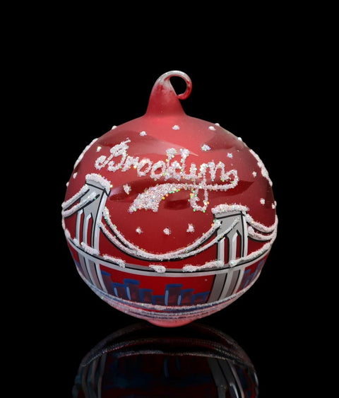 Red Glass Brooklyn Ornament - Brooklyn Bridge - Blown Glass - Hand Painted In Ukraine - Natural Glass Loop - Exquisite Craftsmanship