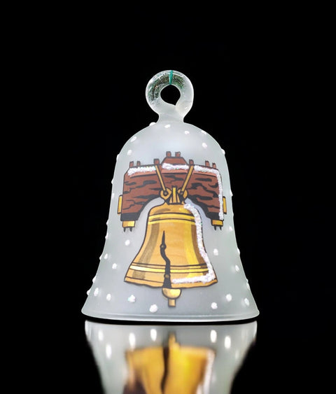 Frosted Blown Glass Bell Ornament – Liberty Bell Design with Clapper