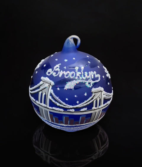 Blue Blown Glass Ornament - Handcrafted - Brooklyn Bridge Design