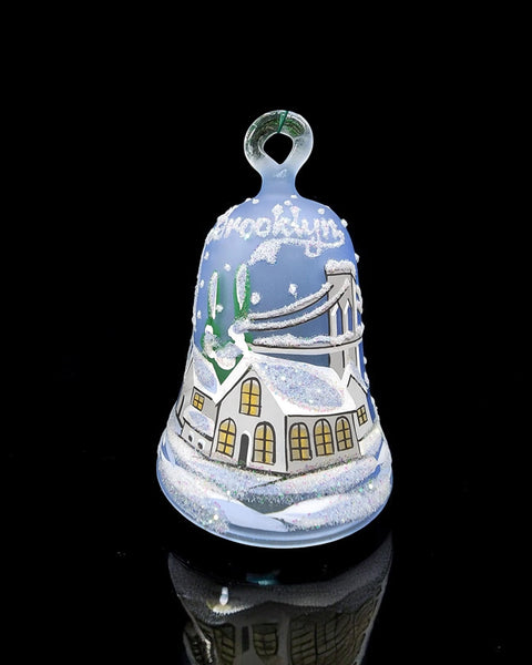 Light Blue Blown Glass Bell Ornament – Brooklyn Bridge Design with Clapper