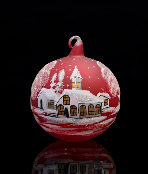 Red Blown Glass Ornament - Handcrafted - White Church Design