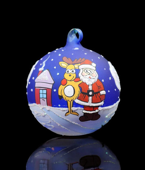 Blue Blown Glass Ornament - Handcrafted - Santa & Reindeer Design