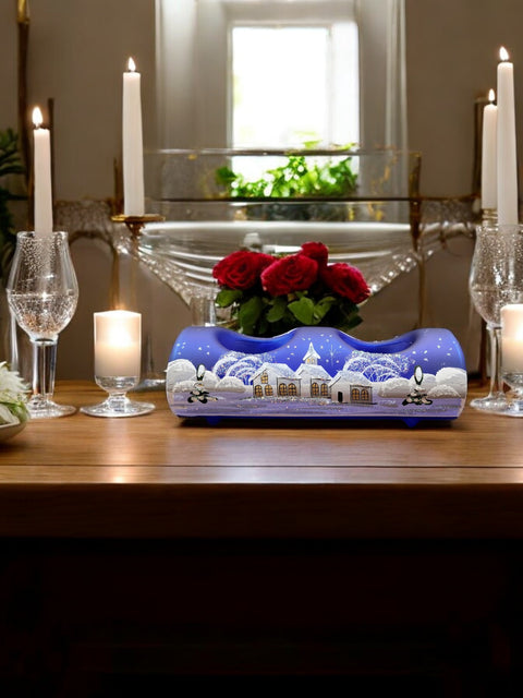 Blue Glass Double Candle Holder, Hand Crafted in Ukraine, White Church Winter Wonderland, Wonderful Year Round