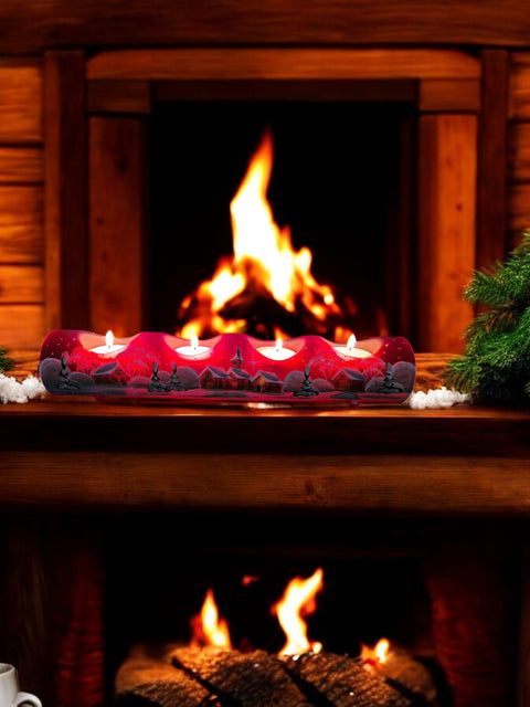 Red Glass Quad Candle Holder  - Brown Church Yule Log Style