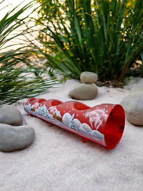 Red Glass Quad Candle Holder  - Brown Church Yule Log Style