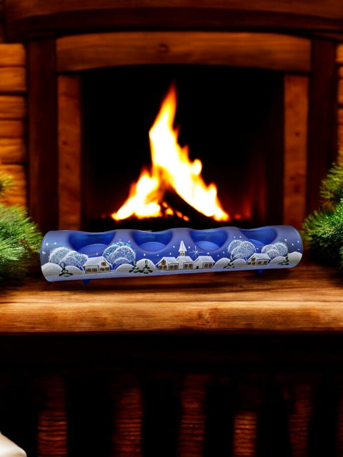 Blue Glass Quad Candle Holder  - White Church Yule Log Style