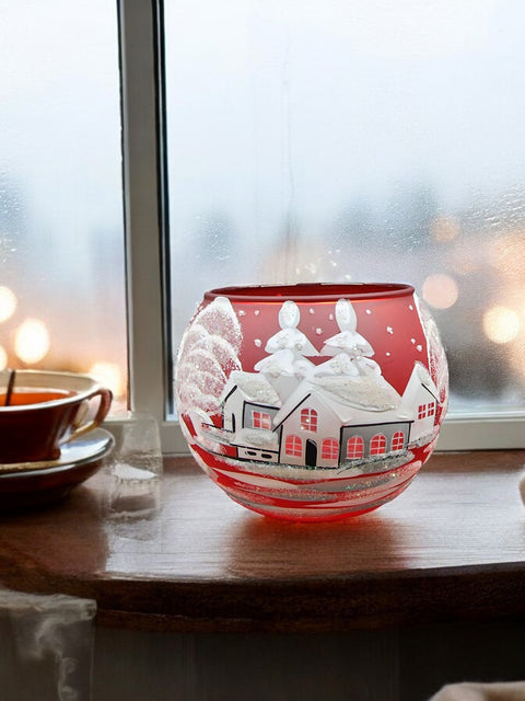 Red Glass Candle Holder - White Cabins - Multiple Sizes