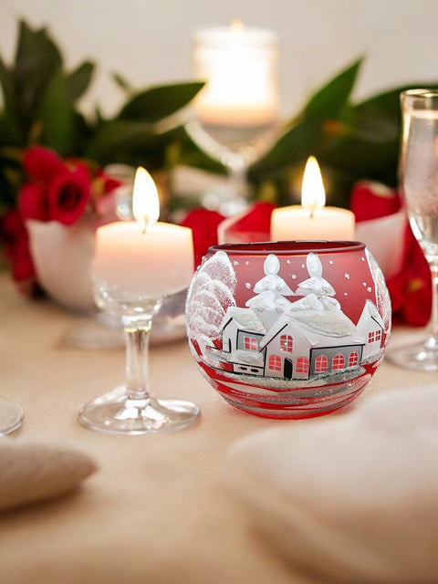 Red Glass Candle Holder - White Cabins - Multiple Sizes